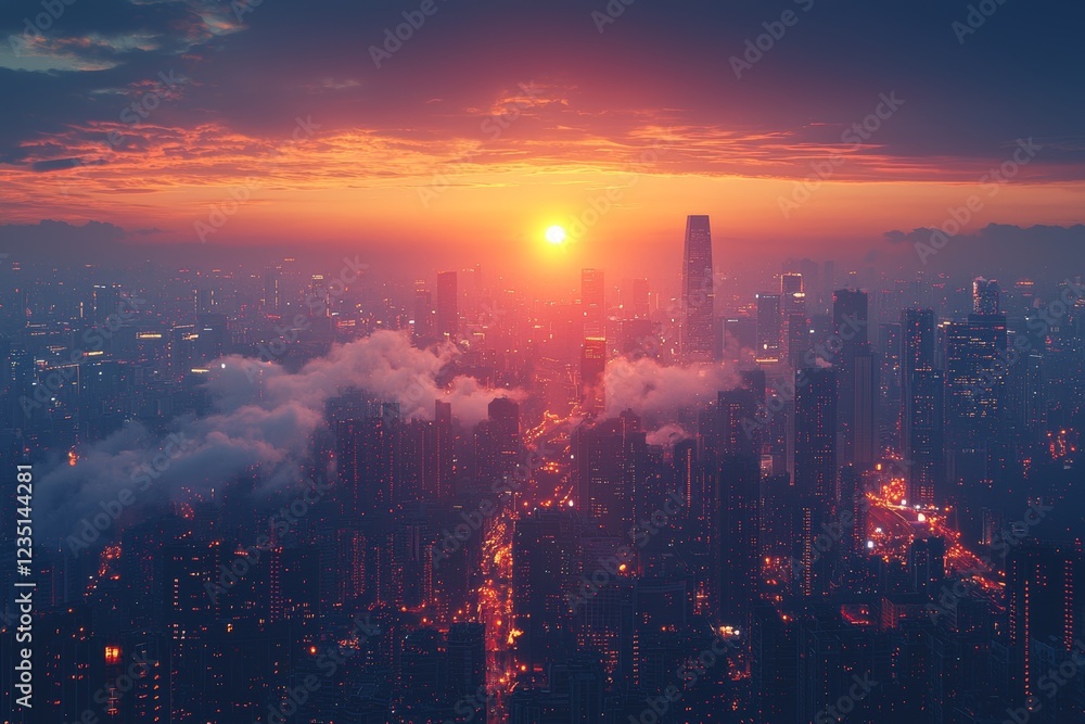 Fototapeta premium During winter, as the sun sets over a big city, smoke rises from the heating station. Smokestacks of a coal thermal power plant release CO2 into the atmosphere, highlighting issues of air pollution