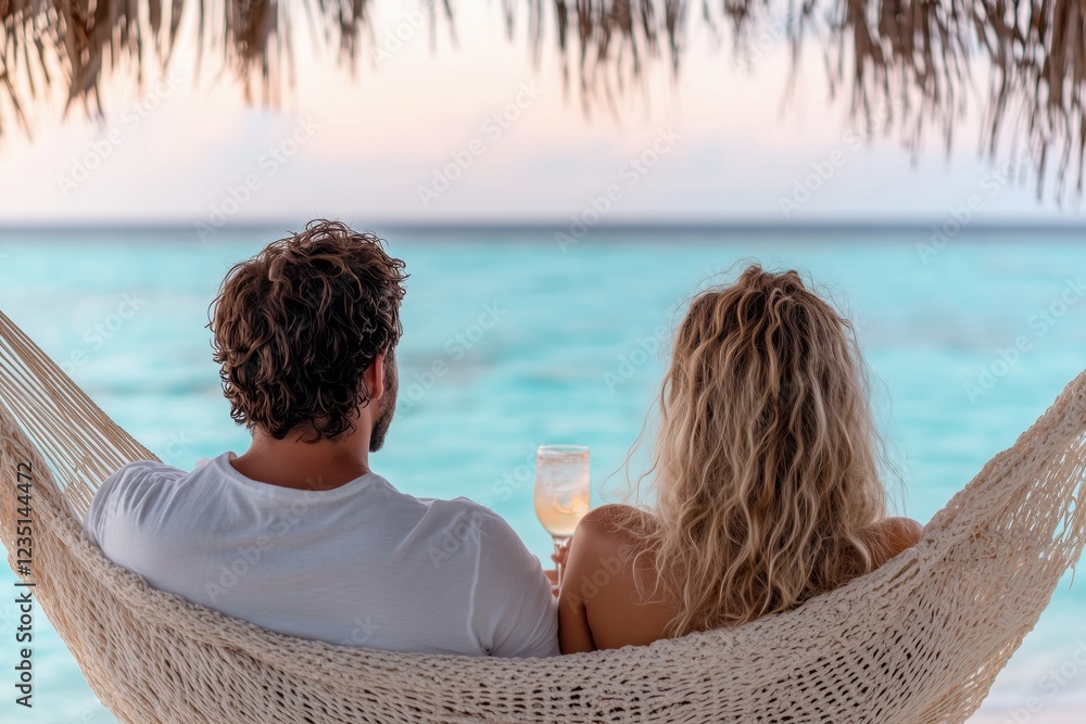 Fototapeta premium Romantischer Strandurlaub in der Hängematte bei Sonnenuntergang