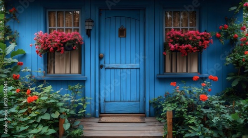 A blue house with a blue door and red flowers in the windows