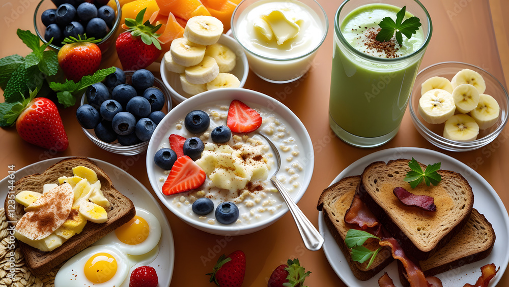 A vibrant and inviting breakfast table scene, viewed from directly above, set against a warm, honey-brown wooden background. The composition features an artfully arranged assortment of healthy breakfa A vibrant and inviting breakfast table scene, viewed from directly above, set against a warm, honey-brown wooden background. The composition features an artfully arranged assortment of healthy breakfa