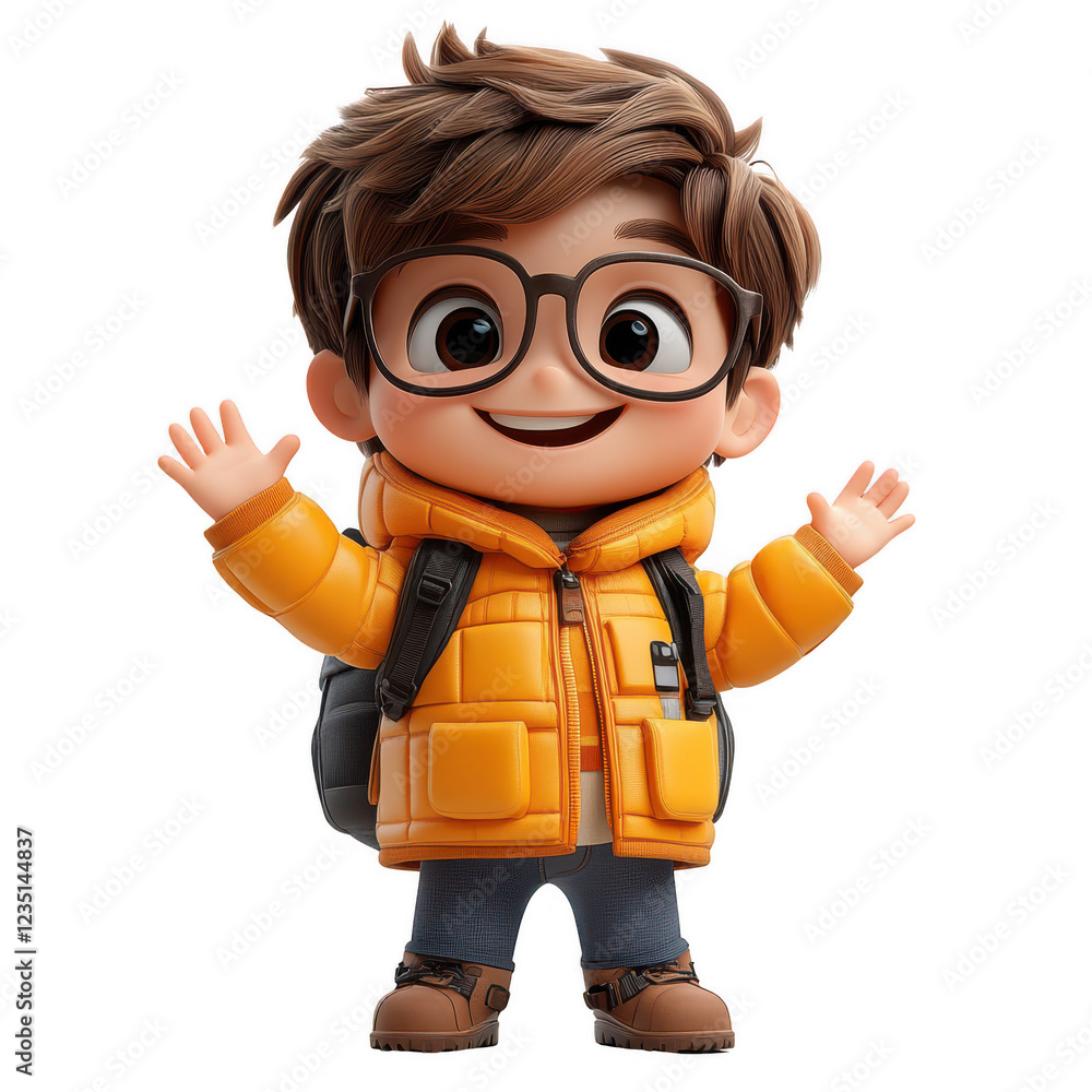 A cartoon boy with glasses and a yellow jacket is smiling and waving A cartoon boy with glasses and a yellow jacket is smiling and waving