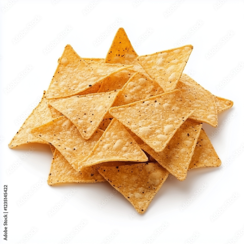A crisp and golden stack of Mexican tortilla chips placed on a clean white background, showcasing their crunchy texture and authentic flavor. These classic corn chips are perfect for snacking A crisp and golden stack of Mexican tortilla chips placed on a clean white background, showcasing their crunchy texture and authentic flavor. These classic corn chips are perfect for snacking