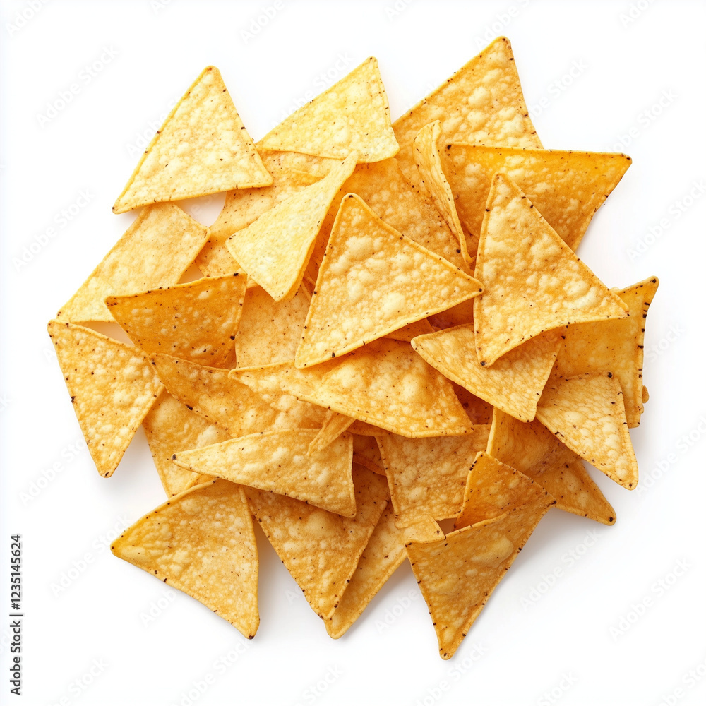A crisp and golden stack of Mexican tortilla chips placed on a clean white background, showcasing their crunchy texture and authentic flavor. These classic corn chips are perfect for snacking A crisp and golden stack of Mexican tortilla chips placed on a clean white background, showcasing their crunchy texture and authentic flavor. These classic corn chips are perfect for snacking