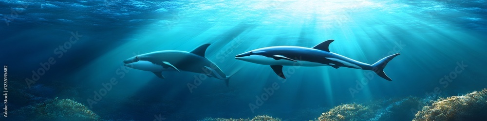 Two dolphins swimming in the ocean with sunbeams and coral reef Two dolphins swimming in the ocean with sunbeams and coral reef