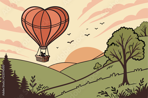 Hot red air balloon heart shape flying into the sunset over valley landing or taking off.