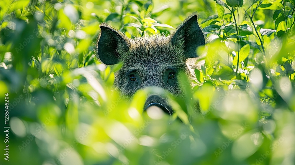 A wild boar (Sus scrofa) partially hidden in tall vegetation, captured in a spring forest. A wild boar (Sus scrofa) partially hidden in tall vegetation, captured in a spring forest.
