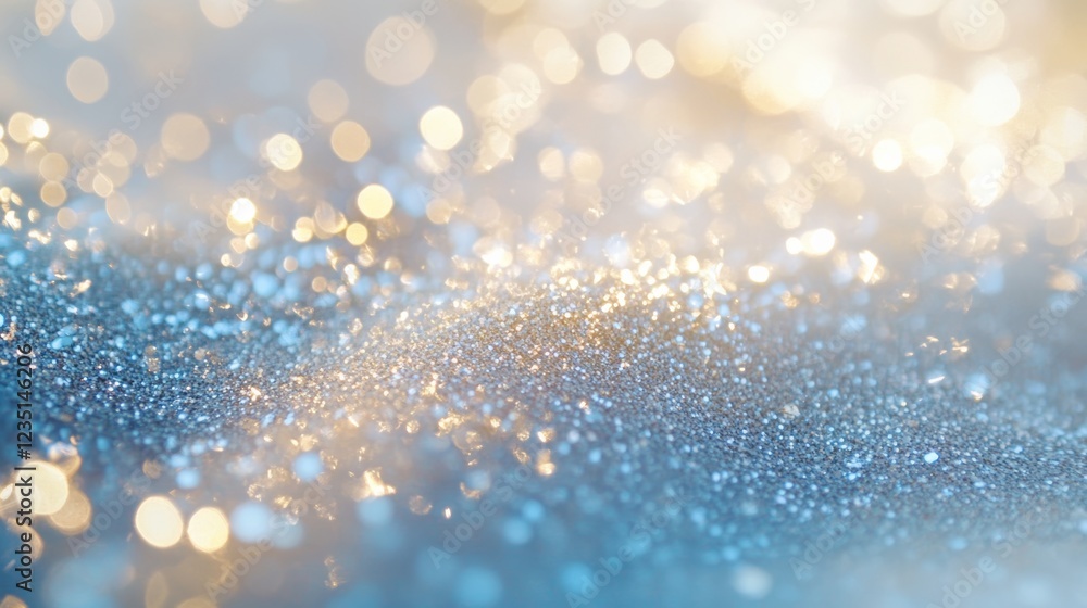 Fototapeta premium Blurred bokeh abstract background with light effects and white sparkles in shades of blue, silver, and gold.