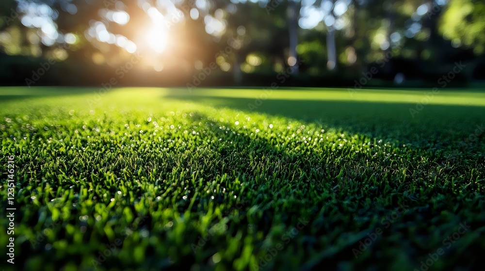 A lush green field with the sun shining on it A lush green field with the sun shining on it