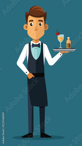 Bartender holding a tray with drinks against a teal background