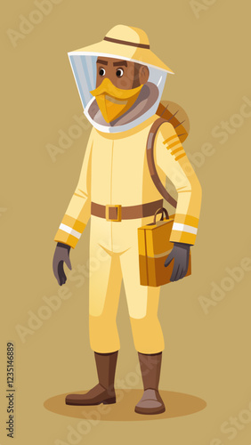 Beekeeper in protective gear holding a briefcase against a beige background