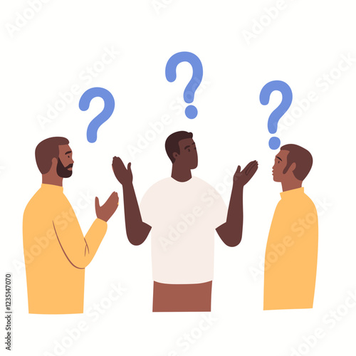 Illustration of three men with question marks, representing confusion and discussion concept
