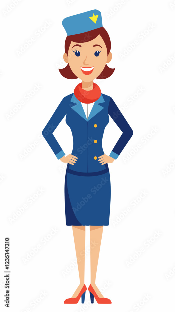 Flight Attendant smiling in blue uniform with red scarf Flight Attendant smiling in blue uniform with red scarf