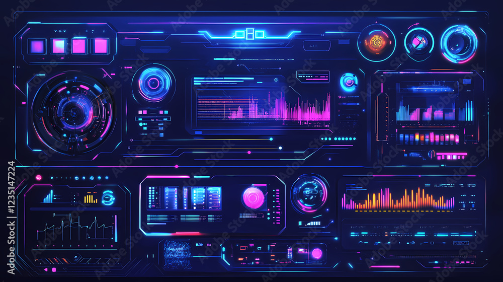 Futuristic digital interface with neon holographic elements and data streams. high-tech concept showcasing virtual technology and innovation. Neon Futurism. Illustration Futuristic digital interface with neon holographic elements and data streams. high-tech concept showcasing virtual technology and innovation. Neon Futurism. Illustration
