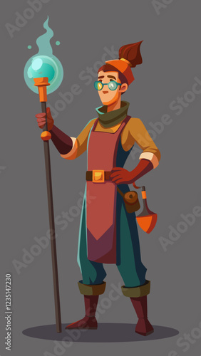 Glassblower character holding a magical orb against a gray background