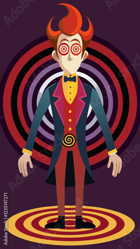 Hypnotist character with spiral eyes against colorful background