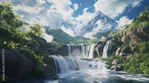 A breathtaking scene of a cascading mountain waterfall surrounded by lush greenery and rugged rocks