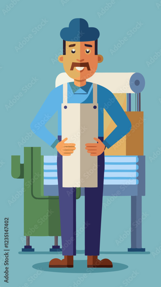 Papermaker smiling with tools in workshop background Papermaker smiling with tools in workshop background