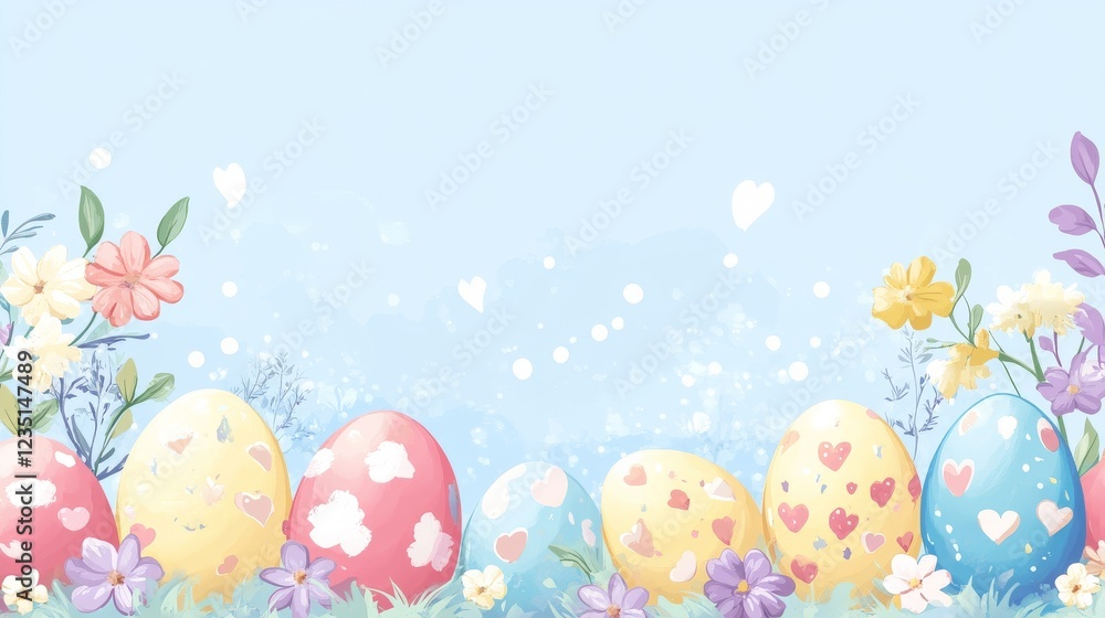 Easter banner with copy space, a pastel blue background, and colorful eggs decorated with flowers Easter banner with copy space, a pastel blue background, and colorful eggs decorated with flowers