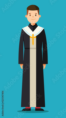 Priest in robe standing against a blue background