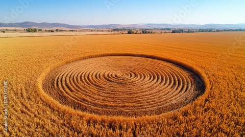 Aerial view Spiral crop circle in golden field photo