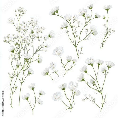 Set of white gypsophila flowers isolated on white background.
