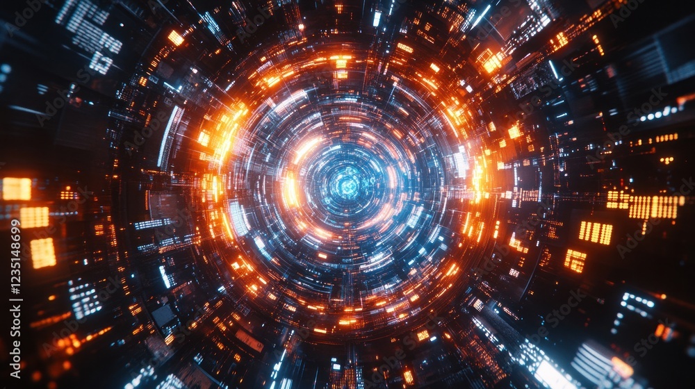 Fototapeta premium A digitally generated image of an illuminated, rotating globe encircled by data and abstract elements, symbolizing globalization and technology