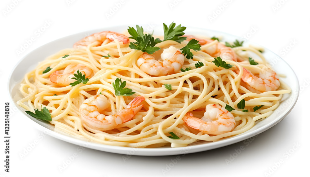 Tasty spaghetti with shrimps and parsley on plate, closeup