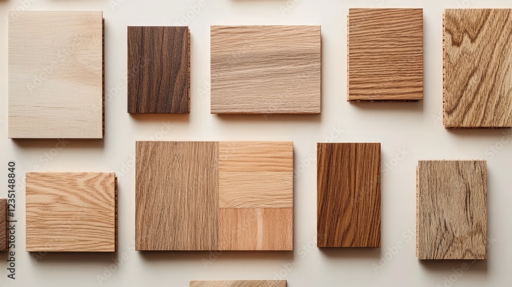 A diverse selection of wooden flooring samples displayed on a light-colored background A diverse selection of wooden flooring samples displayed on a light-colored background