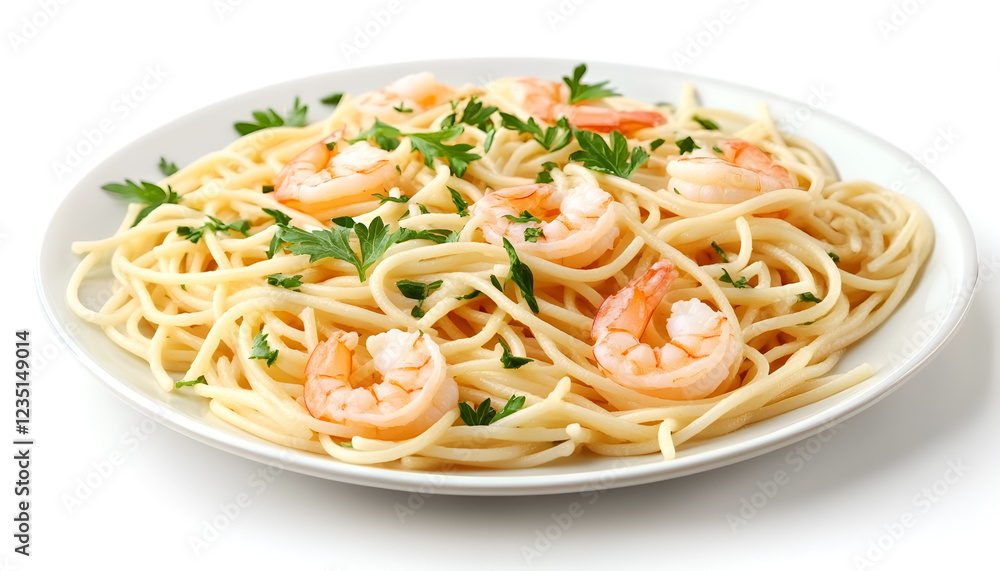 Tasty spaghetti with shrimps and parsley on plate, closeup Tasty spaghetti with shrimps and parsley on plate, closeup