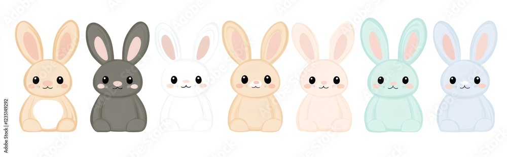 Seven cute cartoon bunnies sitting in a row Seven cute cartoon bunnies sitting in a row