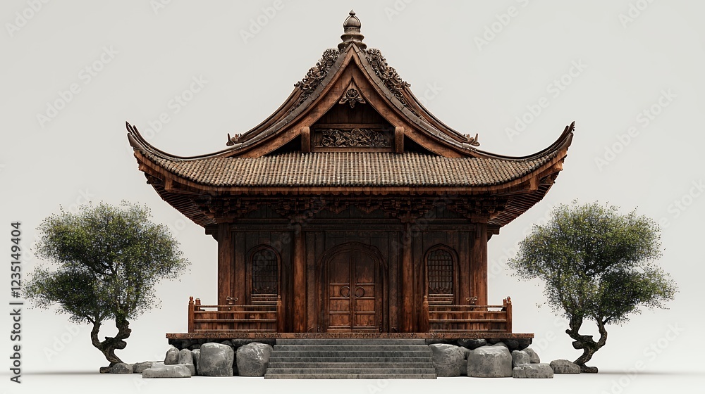 Dark Brown Wooden Asian Temple with Curved Roof and Intricate Details Dark Brown Wooden Asian Temple with Curved Roof and Intricate Details