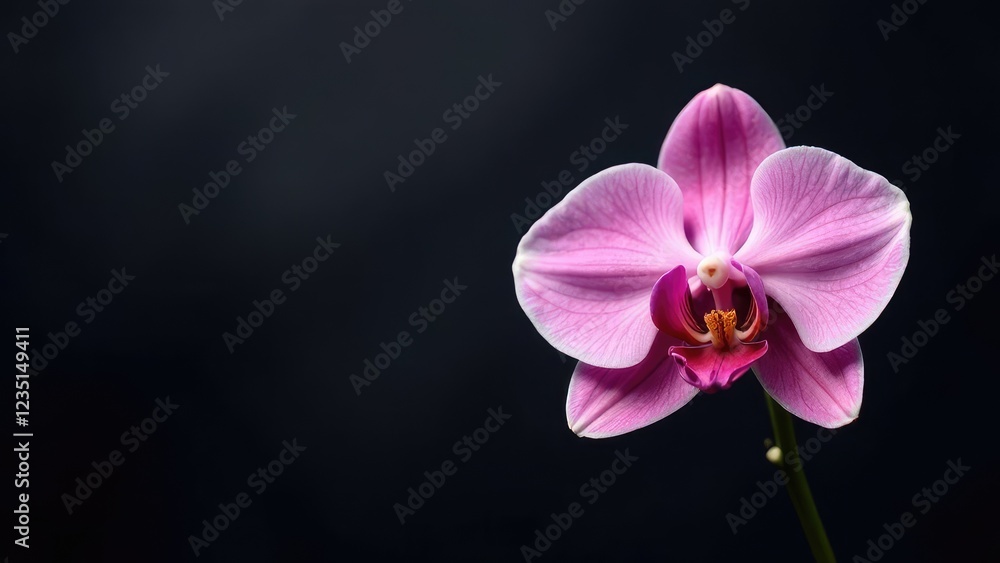 One elegant orchid flower on a dark background with soft light. Postcard for the holiday. One elegant orchid flower on a dark background with soft light. Postcard for the holiday.