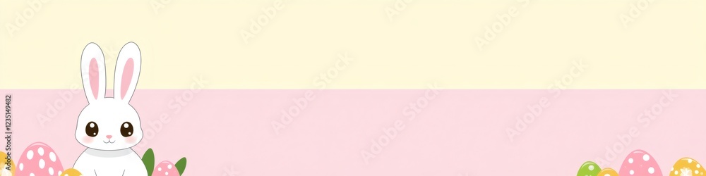 Fototapeta premium Cute white easter bunny sitting with decorated eggs and copy space