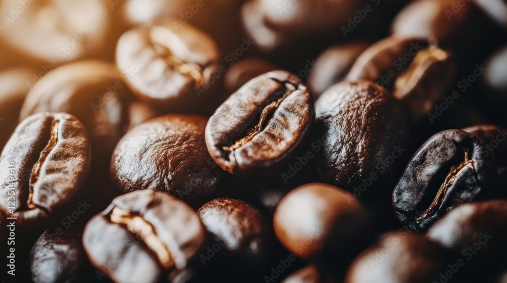Fototapeta premium A heap of aromatic roasted coffee beans captured in close-up detail