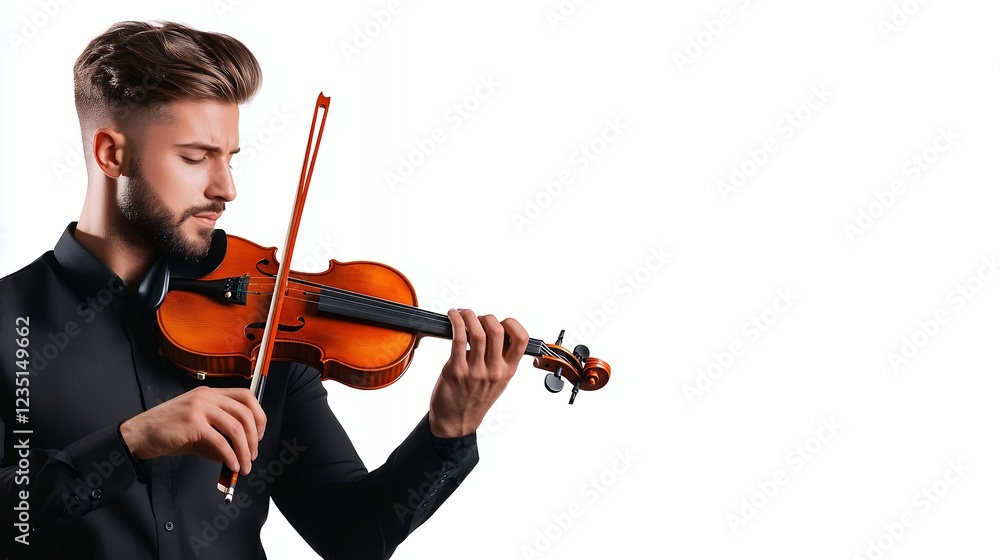 Focused Young Man Playing Violin in Studio Focused Young Man Playing Violin in Studio