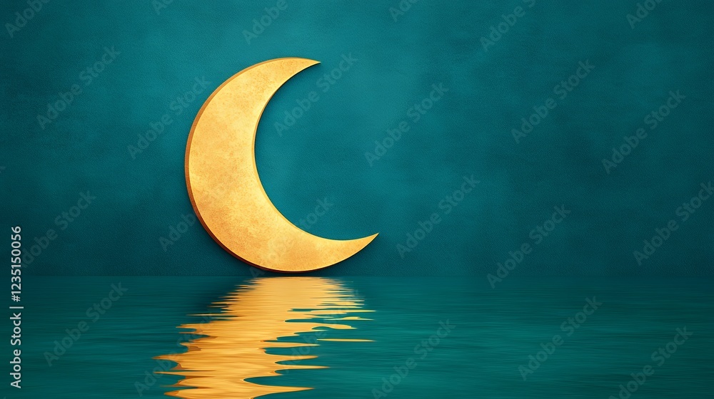 Golden Crescent Moon Reflection in Teal Water Golden Crescent Moon Reflection in Teal Water