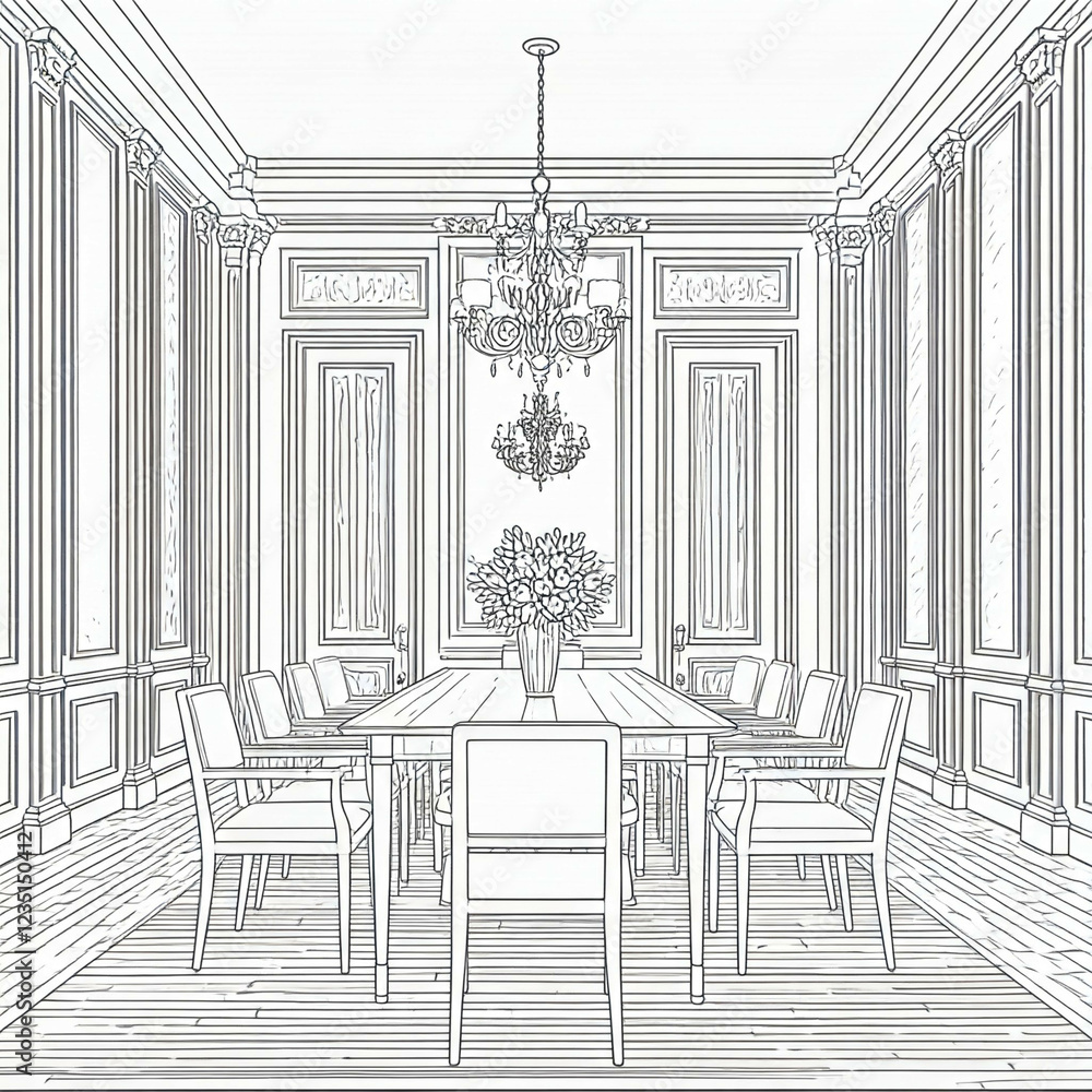 Fototapeta premium line drawing of elegant dining room with chandelier and flower arrangement