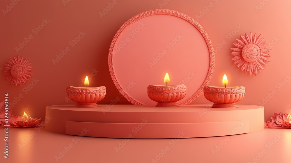 Elegant Pink Diwali Setting with Lit Diyas and Floral Decorations, Diwali podium with copy space
Elegant Pink Diwali Setting with Lit Diyas and Floral Decorations, Diwali podium with copy space