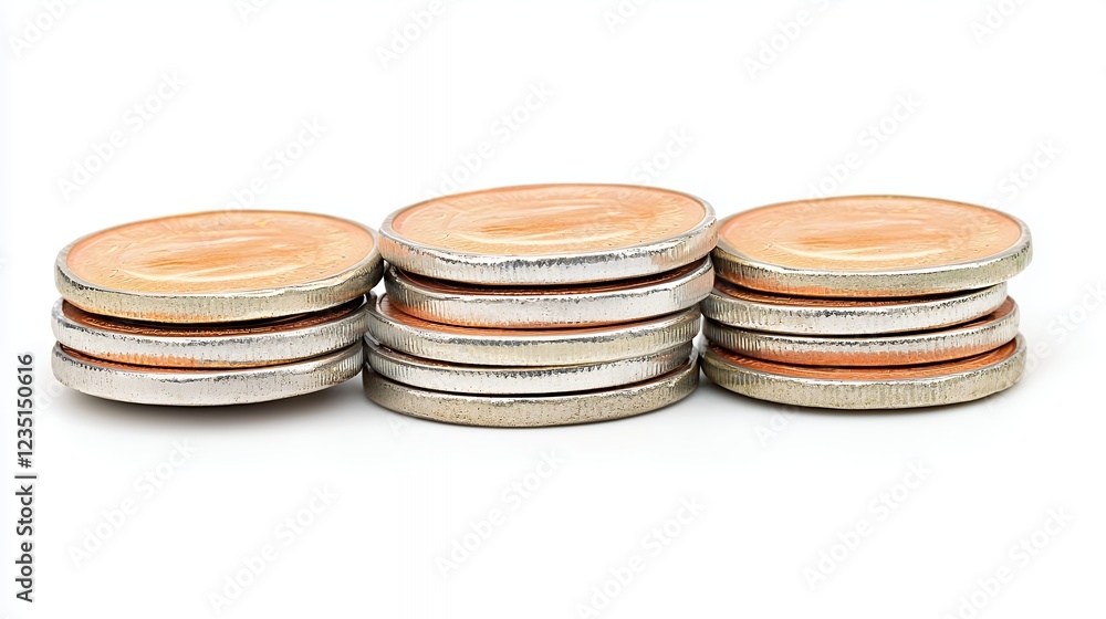 Three Stacks Of Coins On White Background Three Stacks Of Coins On White Background