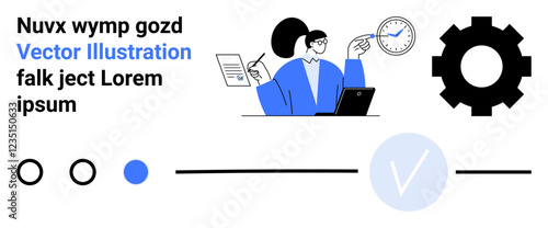 Woman pointing at a clock with gears, buttons, and laptop. Ideal for themes of productivity, technology, business planning, time management, organization task tracking workflow efficiency. Landing
