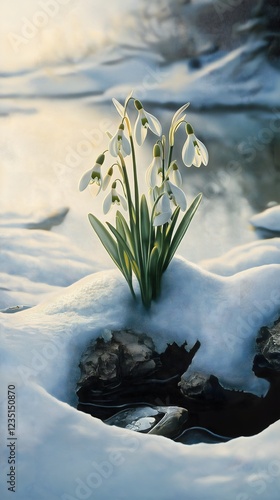 Fragile snowdrop blooms emerge through melting snow by a serene water source in early spring photo