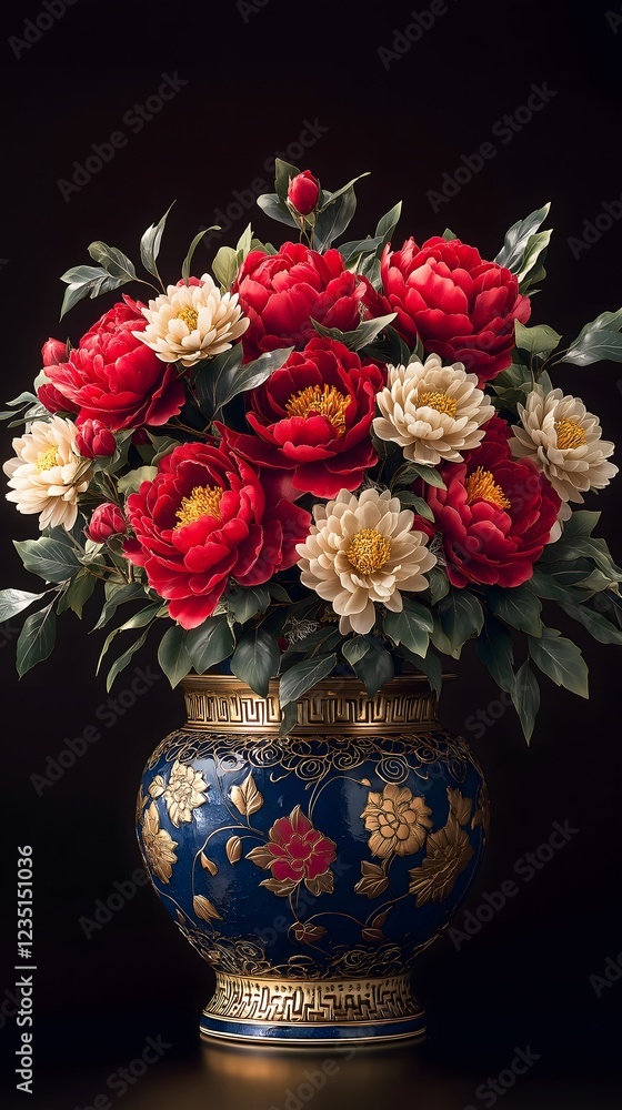 Obraz premium Vibrant display of red peonies and golden flowers in an ornate blue vase on a dark background