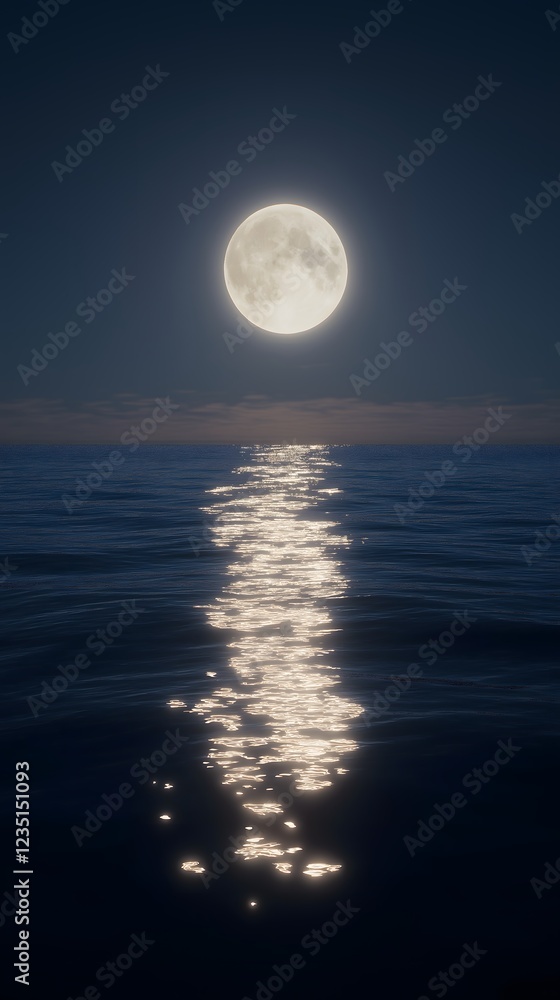 Majestic full moon reflecting on the calm ocean water under the starry night sky Majestic full moon reflecting on the calm ocean water under the starry night sky