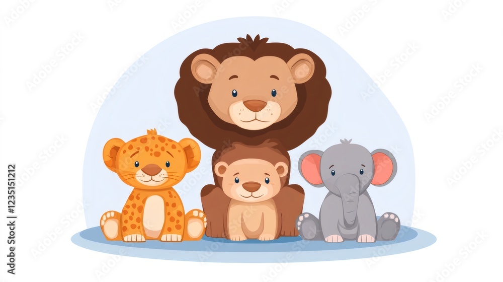 Fototapeta premium Cute lion cub, baby leopard, monkey and elephant sitting together