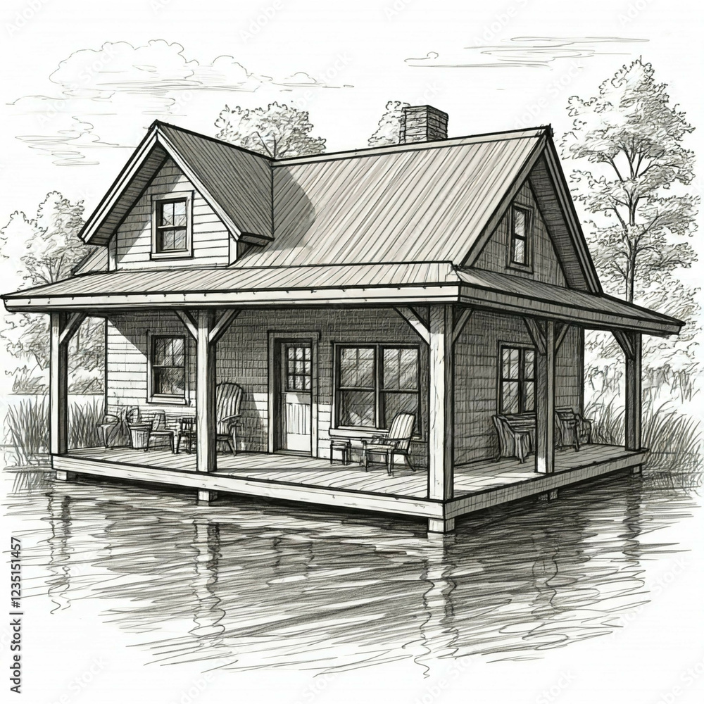 black and white sketch of a cabin on the water black and white sketch of a cabin on the water