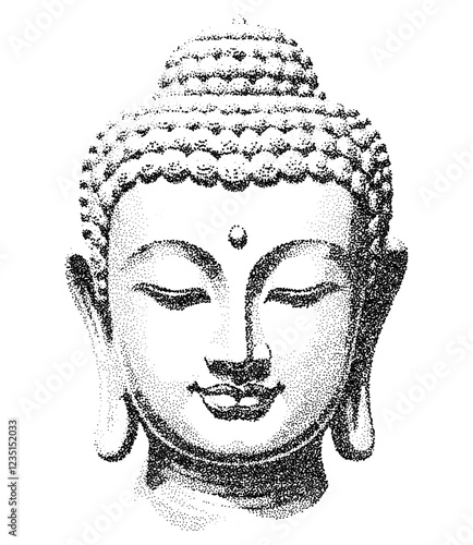 Buddha face with halftone stipple effect, perfect for grunge punk collages. Vintage photocopy-style vector with grainy textures and noisy dotwork for a raw, edgy look.