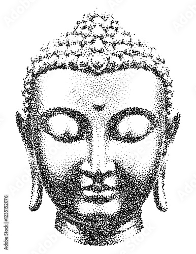 Buddha face with halftone stipple effect, ideal for grunge punk collage designs. Vintage photocopy-style vector with grainy textures and noisy dotwork for a raw, distressed aesthetic.