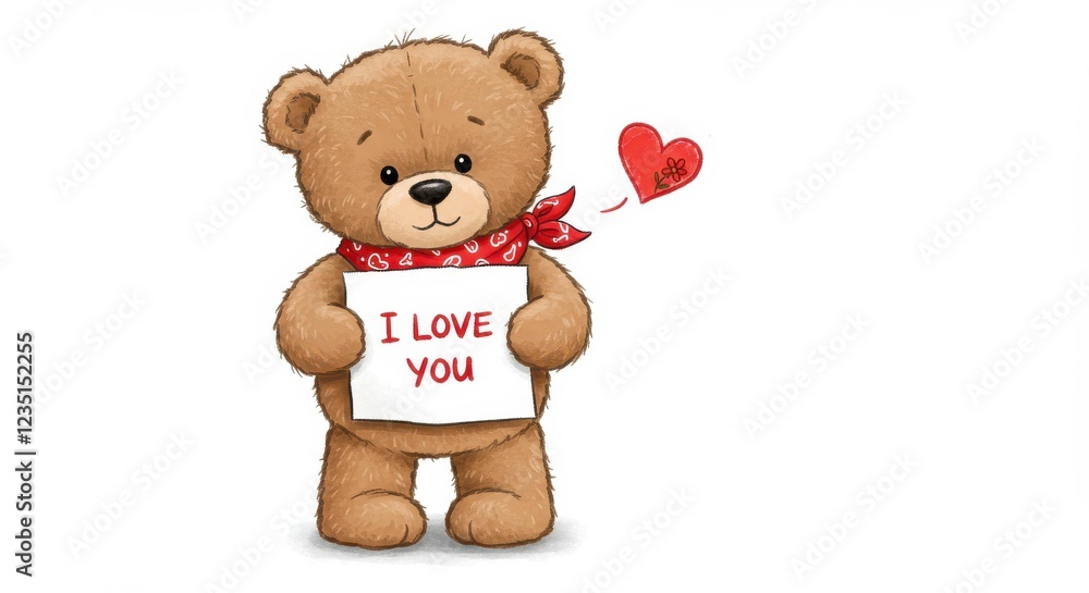 A cute cartoon illustration of a teddy bear holding a piece of paper with the words I love you written on it the bear is standing and facing the viewer on white background A cute cartoon illustration of a teddy bear holding a piece of paper with the words I love you written on it the bear is standing and facing the viewer on white background