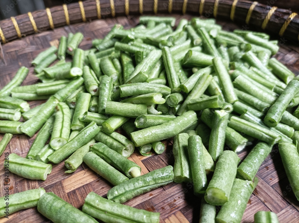 close-up photo of a chopped long bean. close-up photo of a chopped long bean.