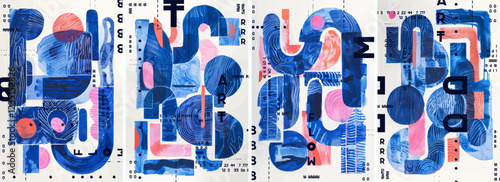 Abstract geometric composition in blue, pink, and orange with layered shapes, textures and digital typography. Modern artistic design with a dynamic, futuristic aesthetic. Vector illustration.